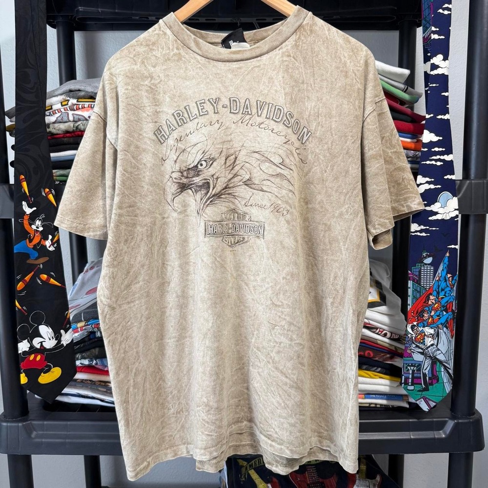Y2K Tan Harley-Davidson Eagle Graphic T-Shirt Size L Light Marks